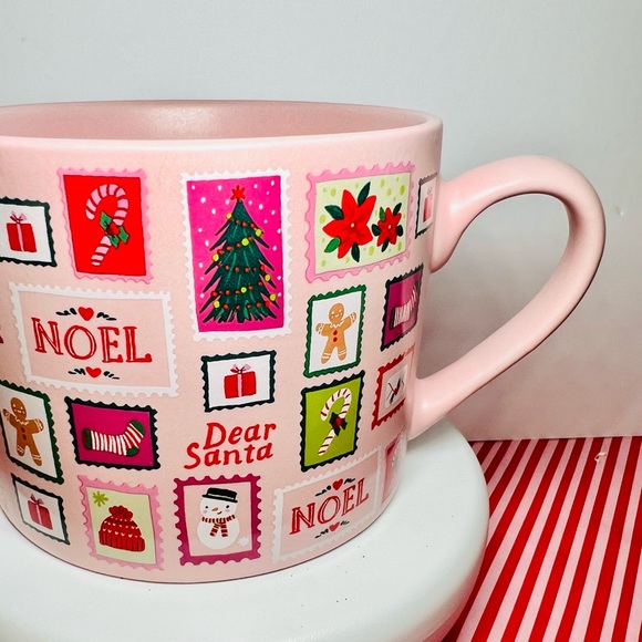 Festive Pink Holiday Mug with Christmas Stamps Dear Santa Snowman Noel Stocking - Picture 12 of 14